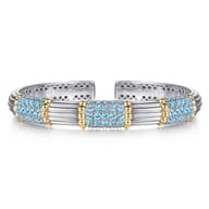 14K Yellow Gold and 925 Sterling Silver Pave Blue Topaz and Shrimp Texture Bujukan Bangle Bracelet