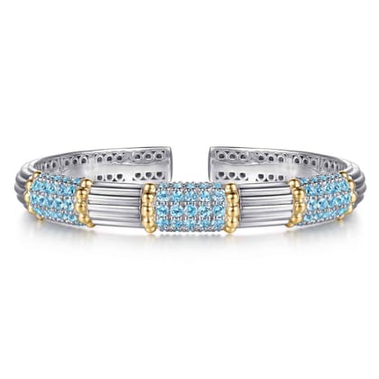 14K Yellow Gold and 925 Sterling Silver Pave Blue Topaz and Shrimp Texture Bujukan Bangle Bracelet