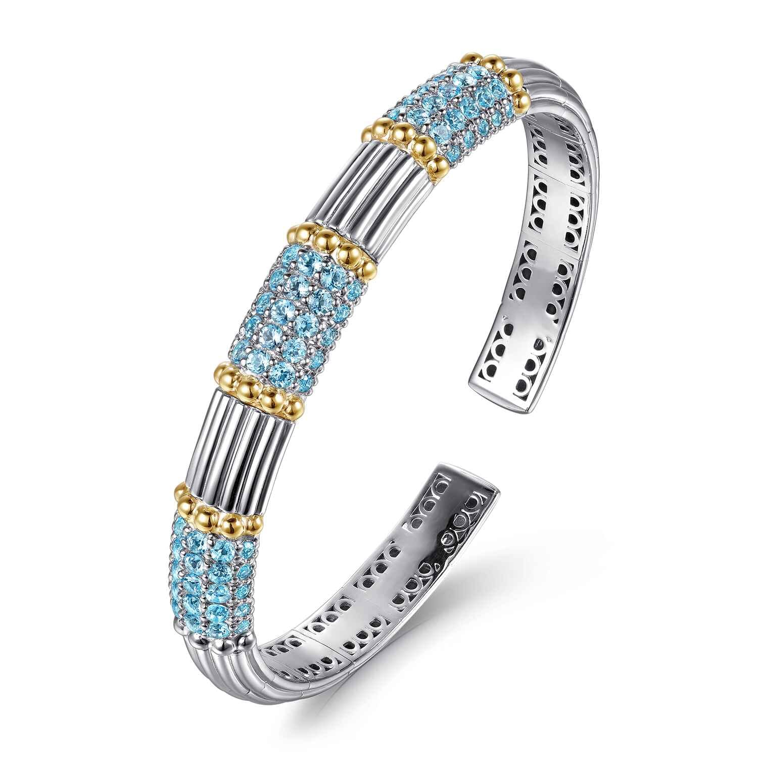 14K Yellow Gold and 925 Sterling Silver Pave Blue Topaz and Shrimp Texture Bujukan Bangle Bracelet
