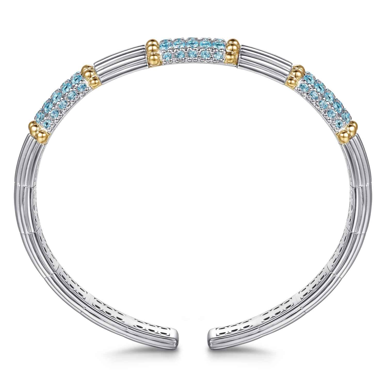14K Yellow Gold and 925 Sterling Silver Pave Blue Topaz and Shrimp Texture Bujukan Bangle Bracelet