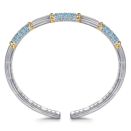 14K Yellow Gold and 925 Sterling Silver Pave Blue Topaz and Shrimp Texture Bujukan Bangle Bracelet