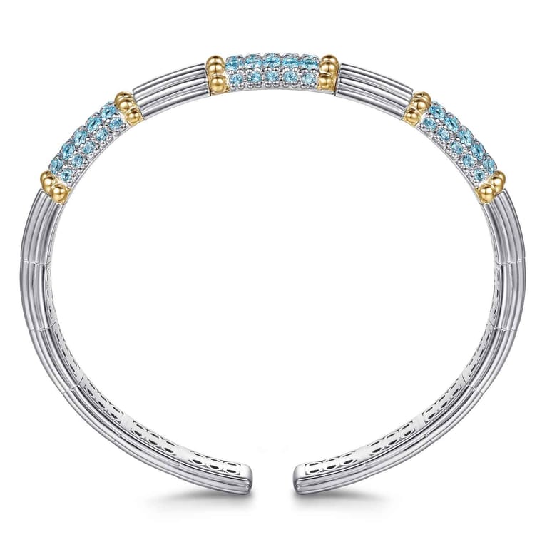 14K Yellow Gold and 925 Sterling Silver Pave Blue Topaz and Shrimp Texture Bujukan Bangle Bracelet - Shot 3