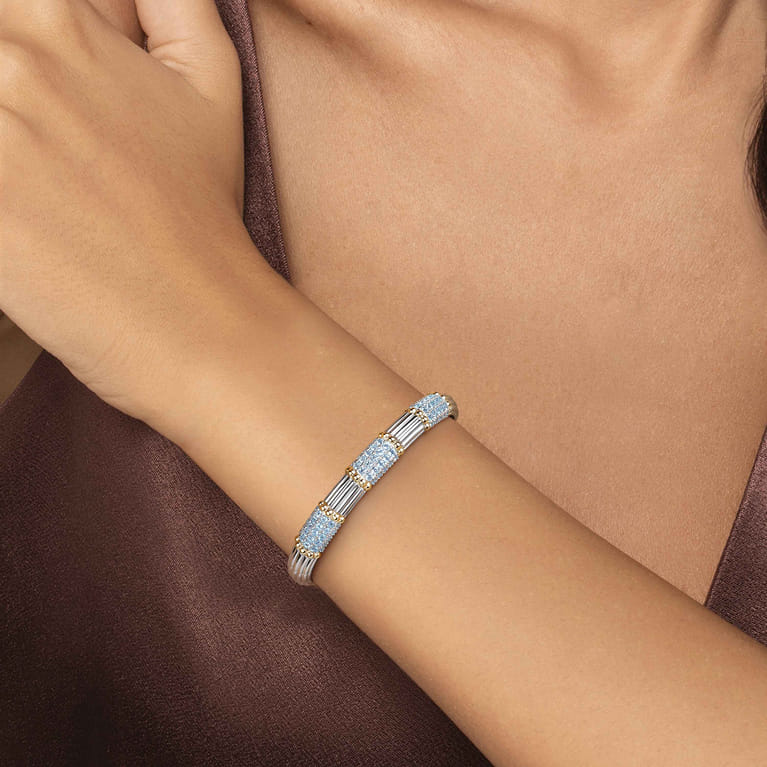14K Yellow Gold and 925 Sterling Silver Pave Blue Topaz and Shrimp Texture Bujukan Bangle Bracelet - Shot 4
