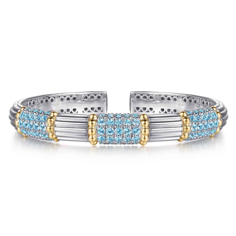 14K Yellow Gold and 925 Sterling Silver Pave Blue Topaz and Shrimp Texture Bujukan Bangle Bracelet - Shot 1
