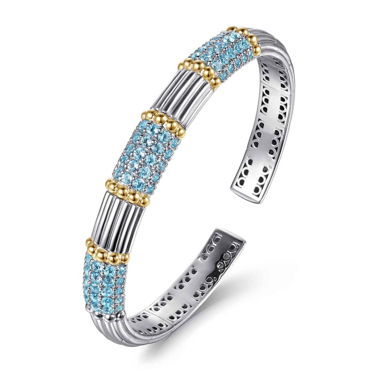 14K Yellow Gold and 925 Sterling Silver Pave Blue Topaz and Shrimp Texture Bujukan Bangle Bracelet - Shot 2
