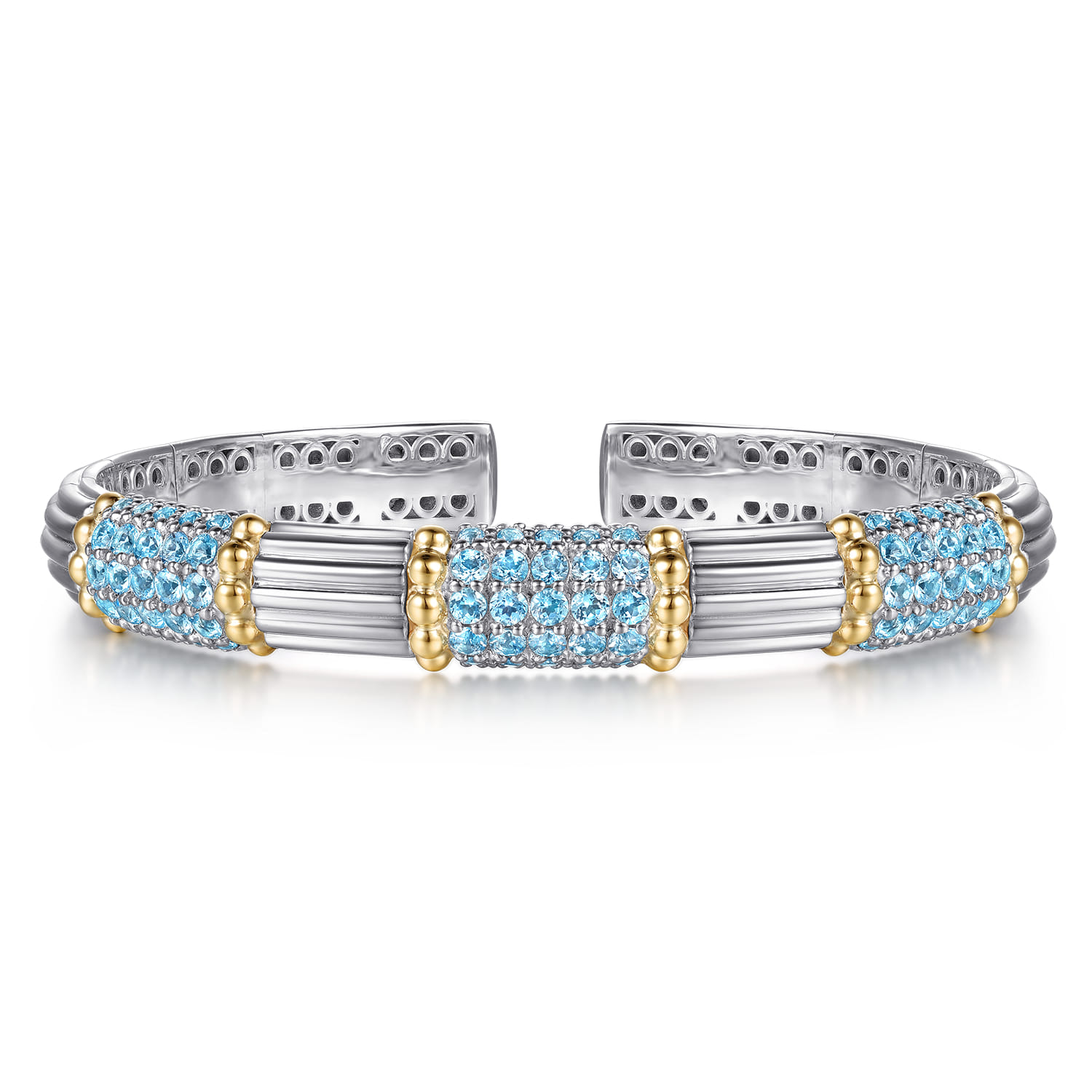 14K Yellow Gold and 925 Sterling Silver Pave Blue Topaz and Shrimp Texture Bujukan Bangle Bracelet - Shot 1