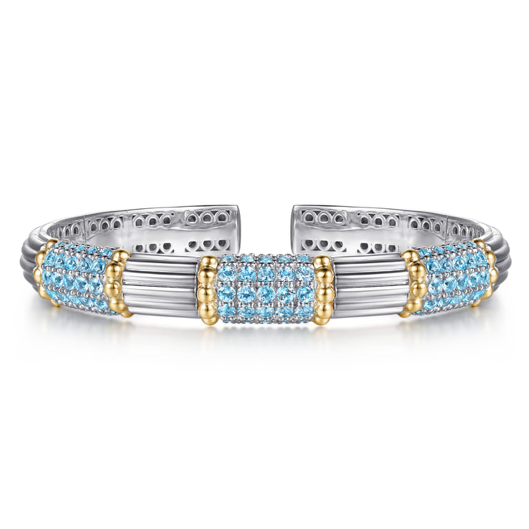 14K Yellow Gold and 925 Sterling Silver Pave Blue Topaz and Shrimp Texture Bujukan Bangle Bracelet - Shot 1