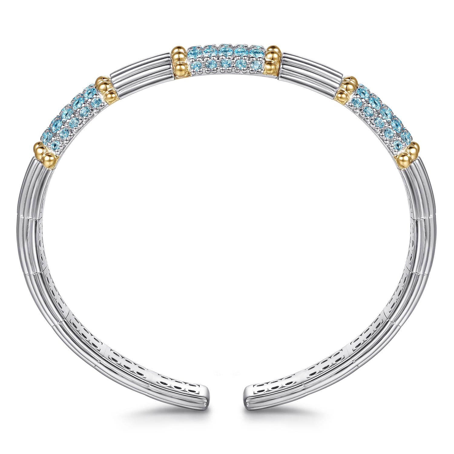 14K Yellow Gold and 925 Sterling Silver Pave Blue Topaz and Shrimp Texture Bujukan Bangle Bracelet - Shot 3