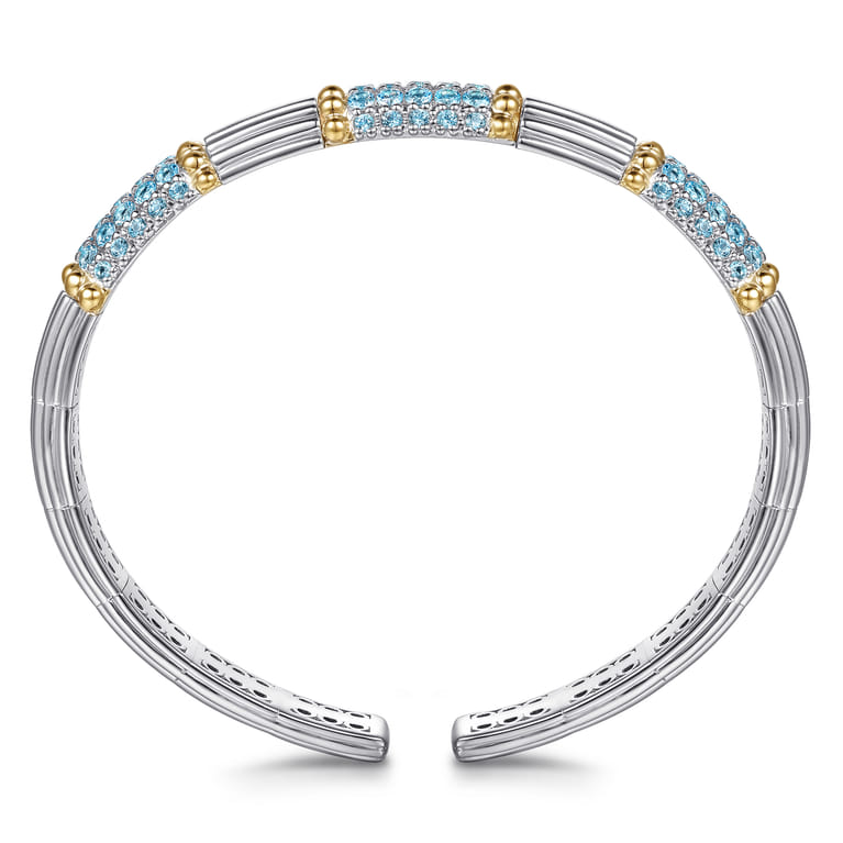 14K Yellow Gold and 925 Sterling Silver Pave Blue Topaz and Shrimp Texture Bujukan Bangle Bracelet - Shot 3