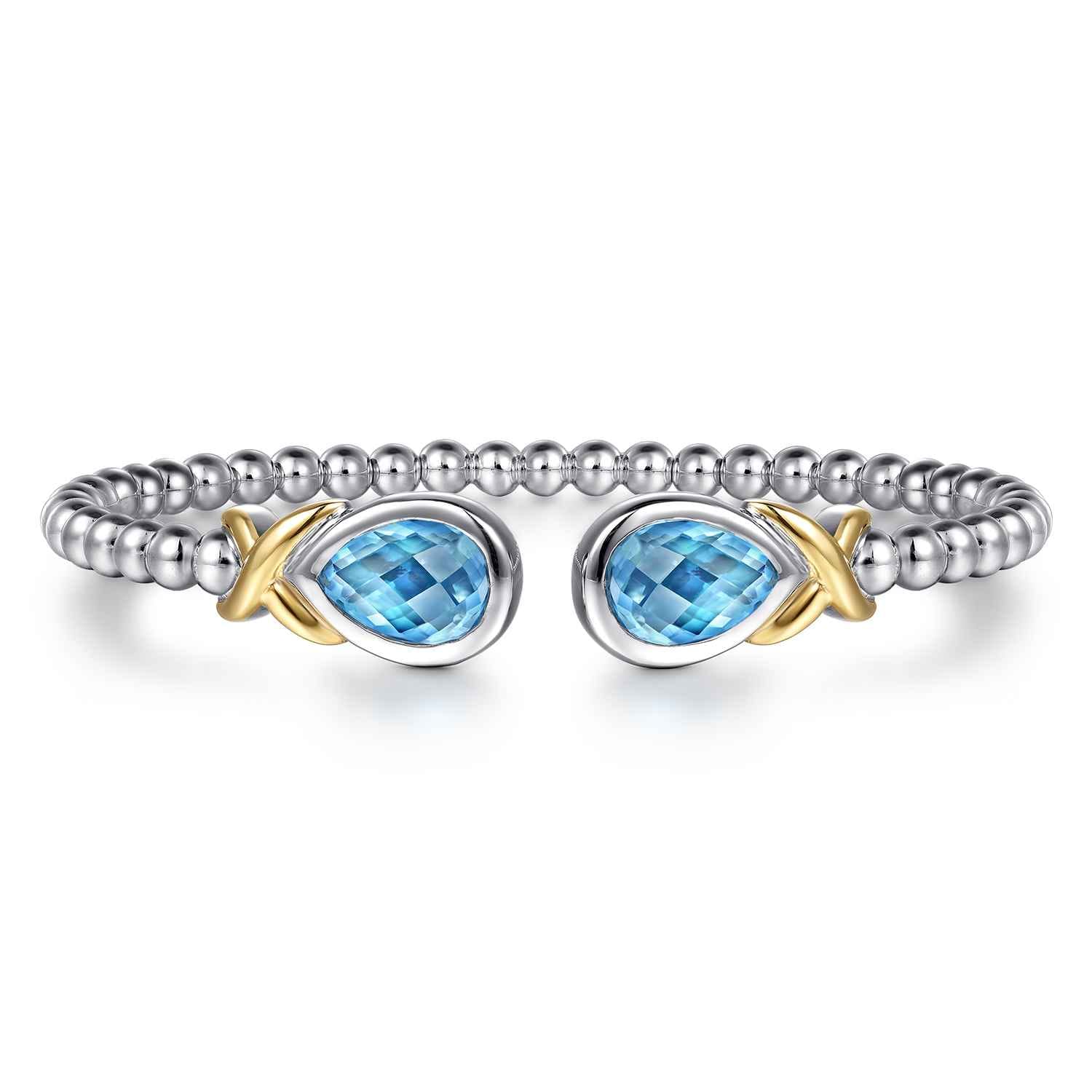 14K Yellow Gold and 925 Sterling Silver Pear Shape Blue Topaz Bujukan Bangle - Shot 1