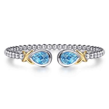 14K Yellow Gold and 925 Sterling Silver Pear Shape Blue Topaz Bujukan Bangle