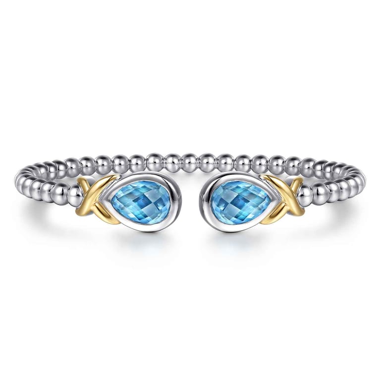 14K Yellow Gold and 925 Sterling Silver Pear Shape Blue Topaz Bujukan Bangle - Shot 1