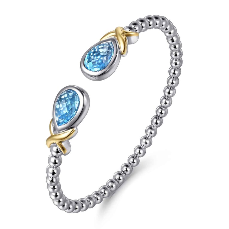 14K Yellow Gold and 925 Sterling Silver Pear Shape Blue Topaz Bujukan Bangle - Shot 2
