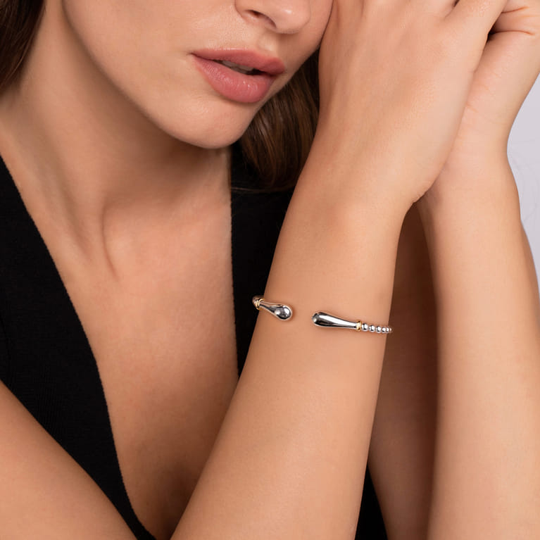 14K Yellow Gold and 925 Sterling Silver Pear Shape Split Bangle Bracelet - Shot 4