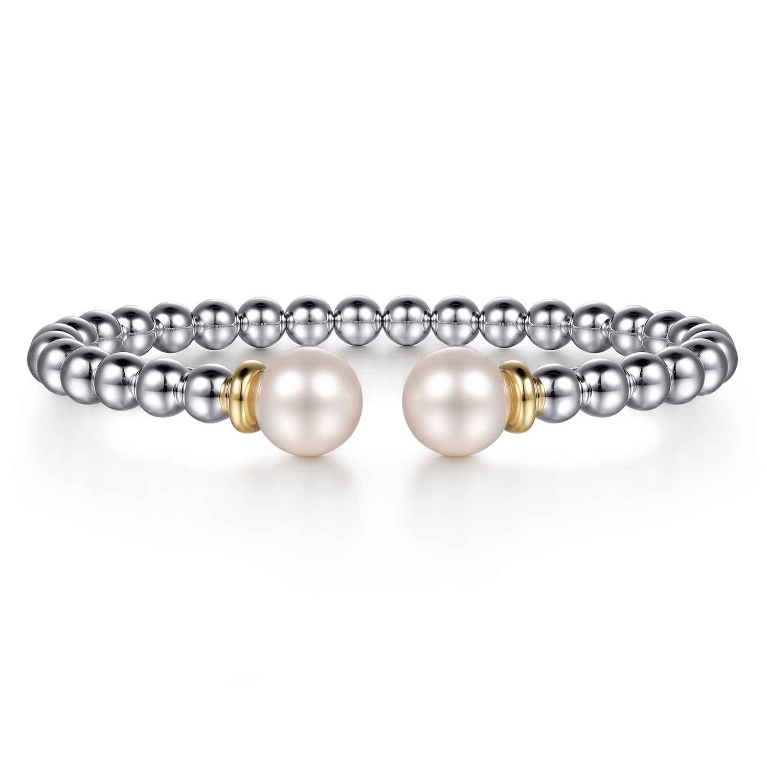 14K Yellow Gold and 925 Sterling Silver Pearl and Bujukan Bangle Bracelet - Shot 1