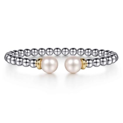 14K Yellow Gold and 925 Sterling Silver Pearl and Bujukan Bangle Bracelet
