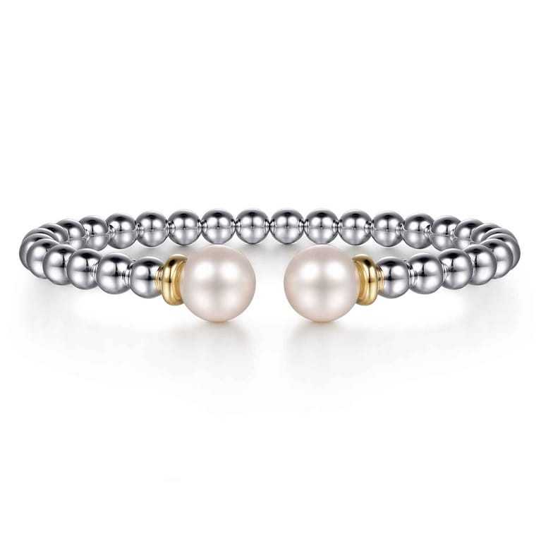 14K Yellow Gold and 925 Sterling Silver Pearl and Bujukan Bangle Bracelet - Shot 1