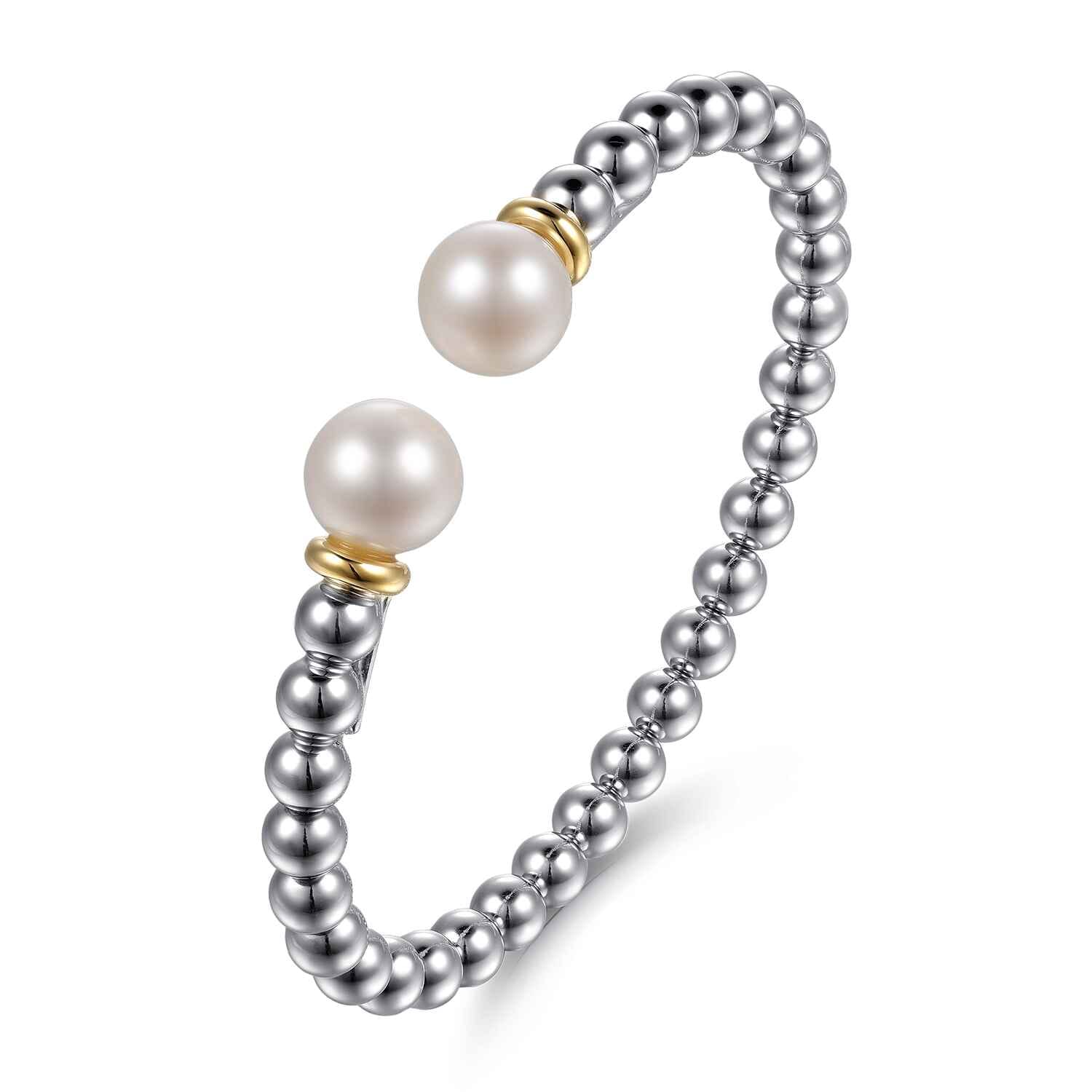 14K Yellow Gold and 925 Sterling Silver Pearl and Bujukan Bangle Bracelet - Shot 2