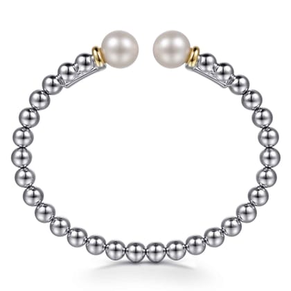 14K Yellow Gold and 925 Sterling Silver Pearl and Bujukan Bangle Bracelet