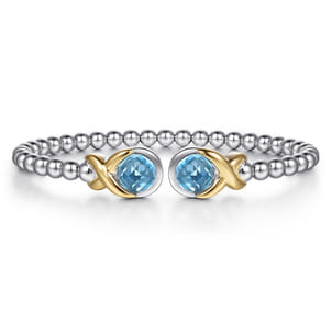 14K Yellow Gold and 925 Sterling Silver Round Shape Blue Topaz Bujukan Bangle