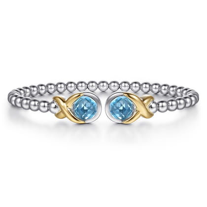 14K Yellow Gold and 925 Sterling Silver Round Shape Blue Topaz Bujukan Bangle