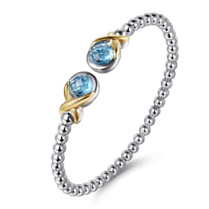 14K Yellow Gold and 925 Sterling Silver Round Shape Blue Topaz Bujukan Bangle