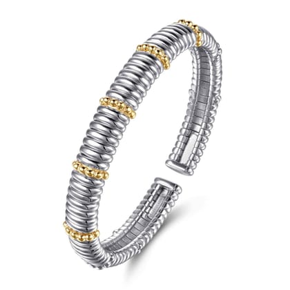 14K Yellow Gold and 925 Sterling Silver Shrimp Texture Bujukan Split Bangle Bracelet