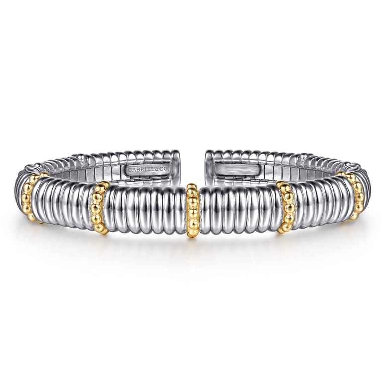 14K Yellow Gold and 925 Sterling Silver Shrimp Texture Bujukan Split Bangle Bracelet - Shot 1