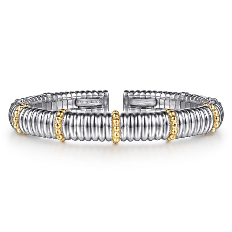 14K Yellow Gold and 925 Sterling Silver Shrimp Texture Bujukan Split Bangle Bracelet - Shot 1