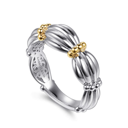 14K Yellow Gold and 925 Sterling Silver Shrimp Texture Bujukan Wide Band