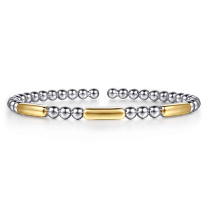 14K Yellow Gold and 925 Sterling Silver Three Station Bar Bujukan Bangle Bracelet
