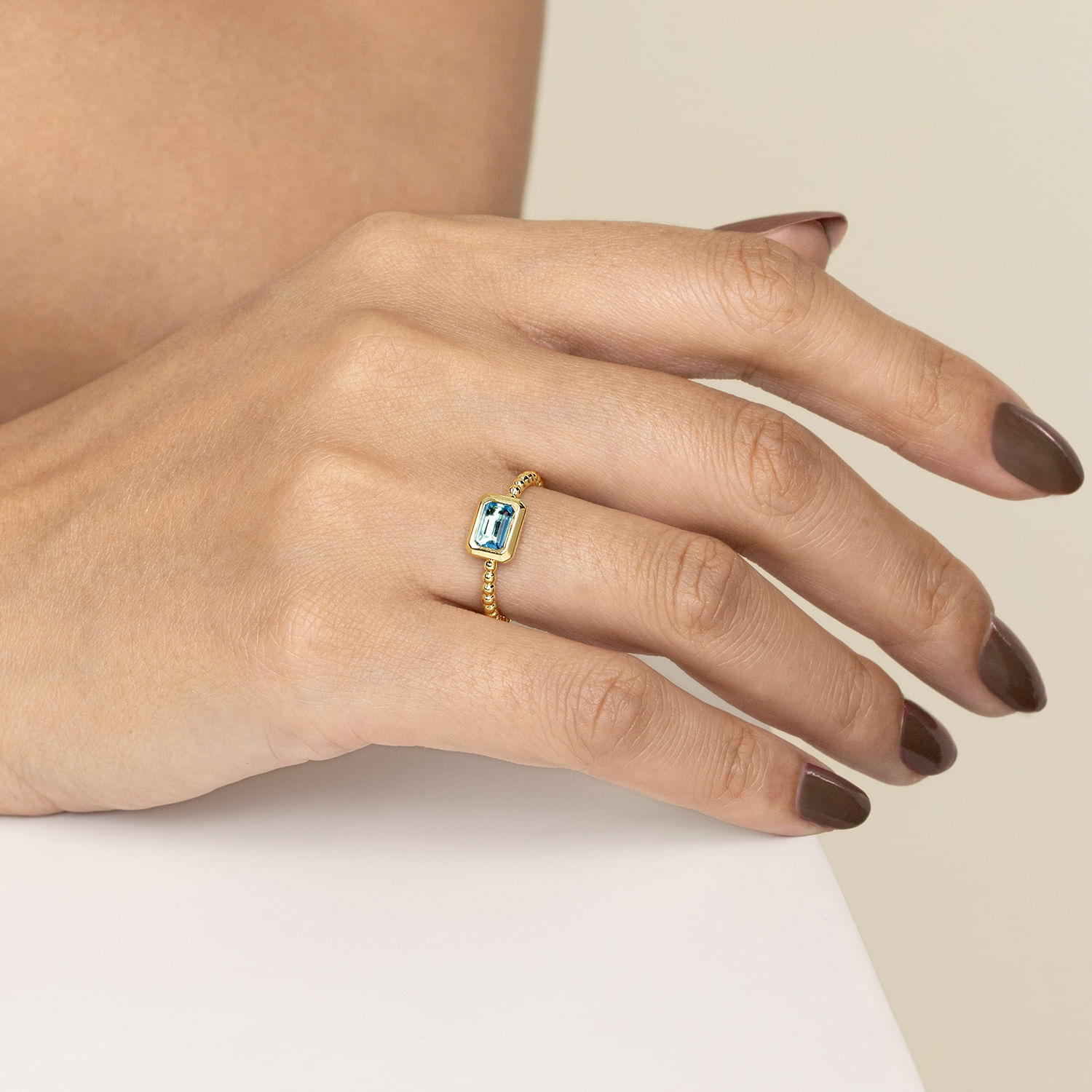 14K Yellow Plain Gold Bujukan And Blue Topaz Stackable Ring