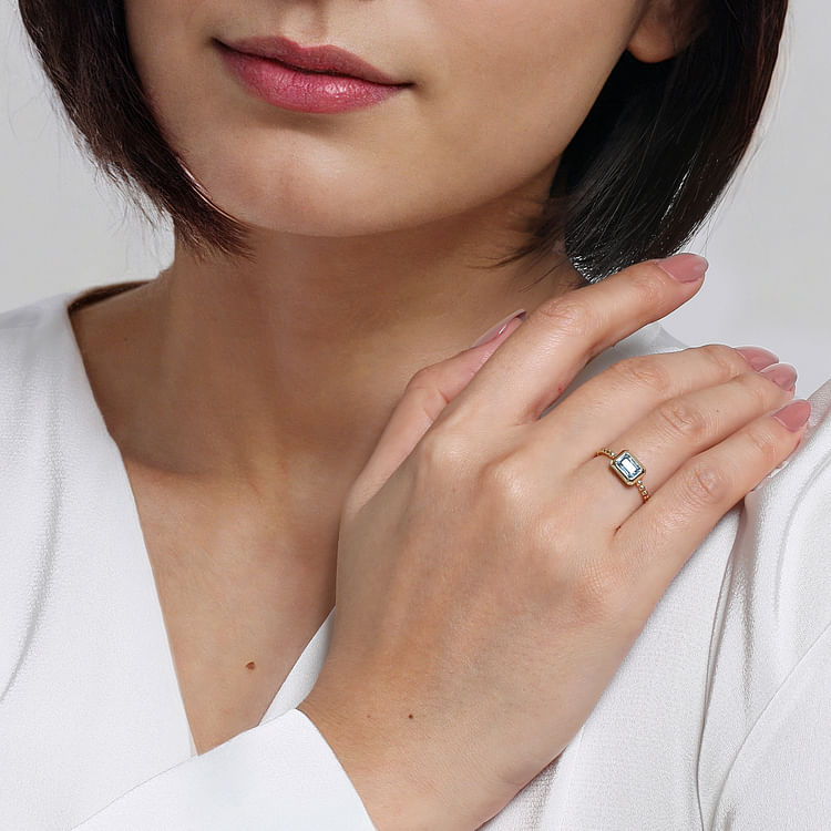 14K Yellow Plain Gold Bujukan And Blue Topaz Stackable Ring