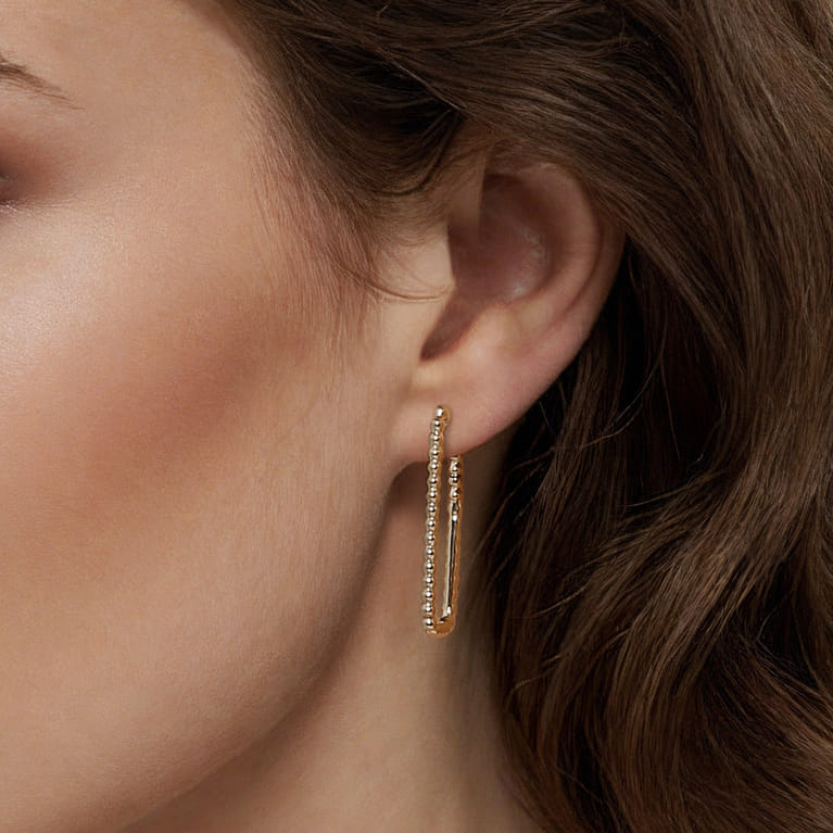 14K Yellow Plain Gold Bujukan Beads 30mm Rectangle Hoop Earrings - Shot 4