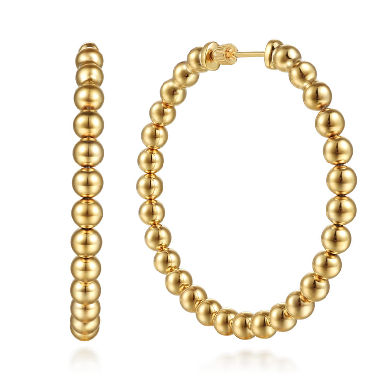 14K Yellow Plain Gold Bujukan Beads Classic Hoop Earrings - Shot 1