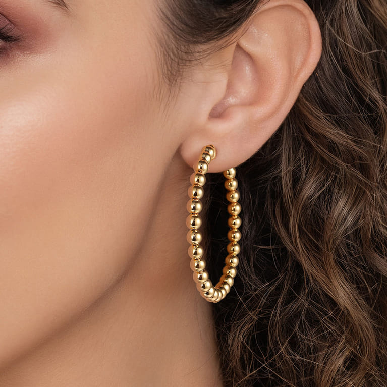 14K Yellow Plain Gold Bujukan Beads Classic Hoop Earrings - Shot 3