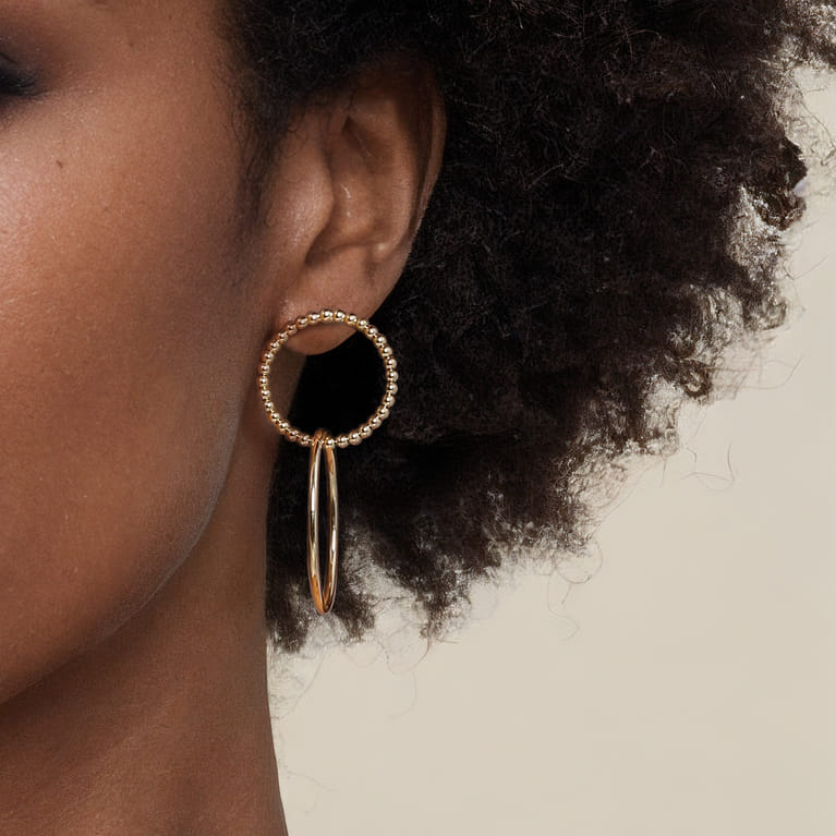 14K Yellow Plain Gold Bujukan Beads Stud Drop Earrings - Shot 4