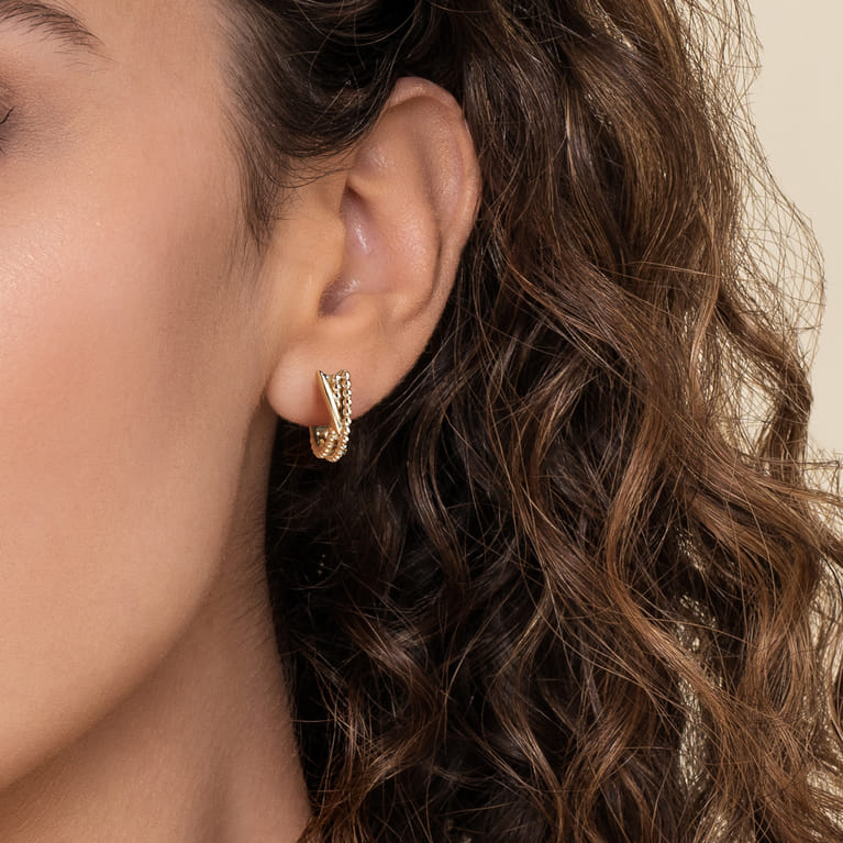 14K Yellow Plain Gold Bujukan Criss Cross Huggie Earrings - Shot 3