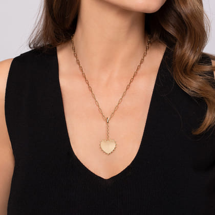 14K Yellow Plain Gold Bujukan Engravable Heart Medallion Pendant with Detachable Bail