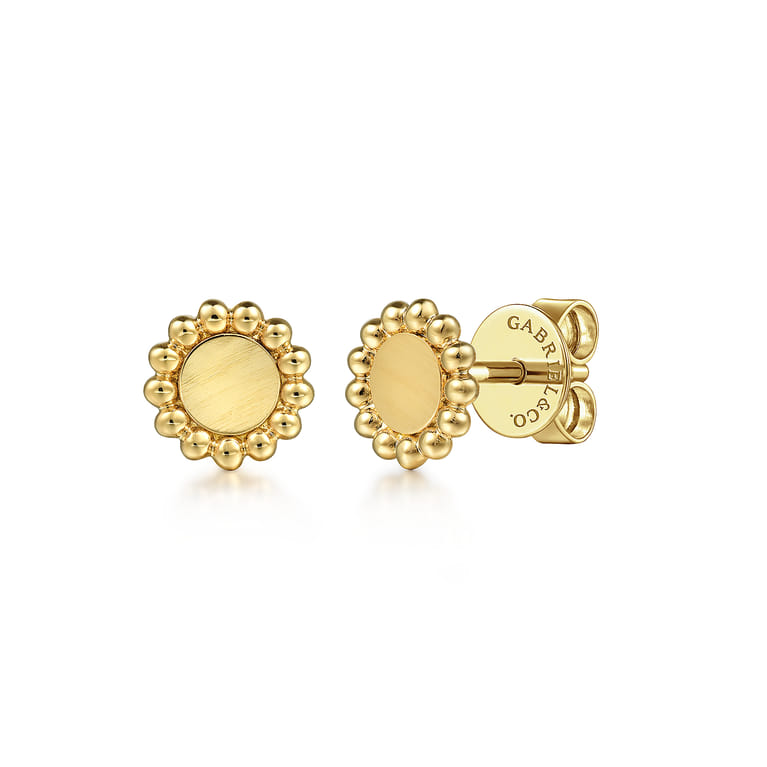 14K Yellow Plain Gold Bujukan Round Laser Disk Stud Earrings - Shot 1