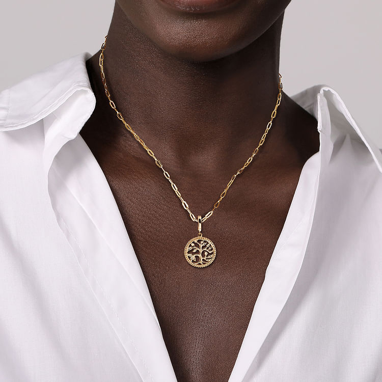 14K Yellow Plain Gold Bujukan Tree of Life Medallion Pendant With Detachable Bail