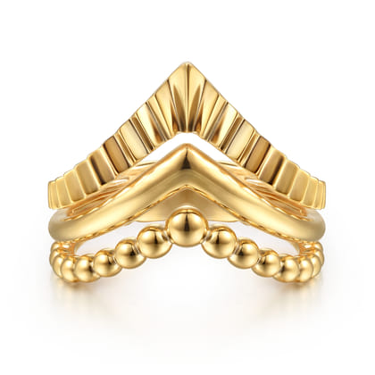 14K Yellow Plain Gold Bujukan and Diamond Cut Texture Chevron Ring