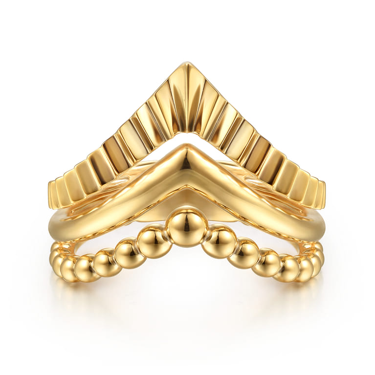 14K Yellow Plain Gold Bujukan and Diamond Cut Texture Chevron Ring - Shot 1
