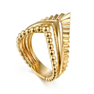 14K Yellow Plain Gold Bujukan and Diamond Cut Texture Chevron Ring