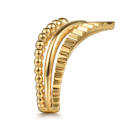 14K Yellow Plain Gold Bujukan and Diamond Cut Texture Chevron Ring