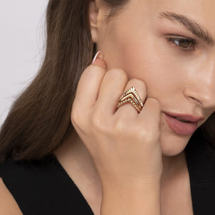 14K Yellow Plain Gold Bujukan and Diamond Cut Texture Chevron Ring