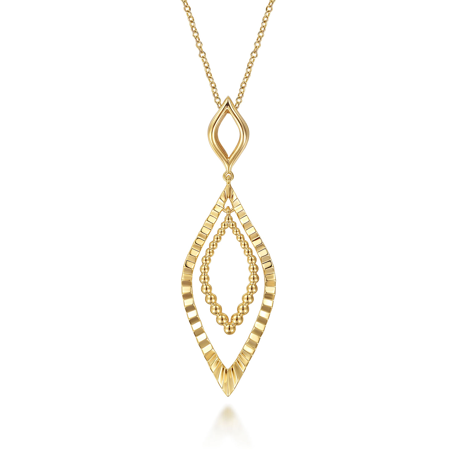 14K Yellow Plain Gold Bujukan and Diamond Cut Texture Marquise Drop Necklace