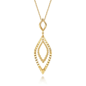 14K Yellow Plain Gold Bujukan and Diamond Cut Texture Marquise Drop Necklace