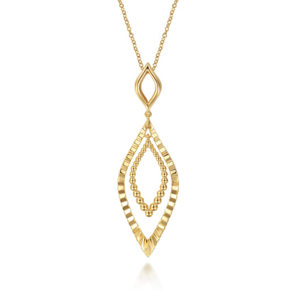 14K Yellow Plain Gold Bujukan and Diamond Cut Texture Marquise Drop Necklace