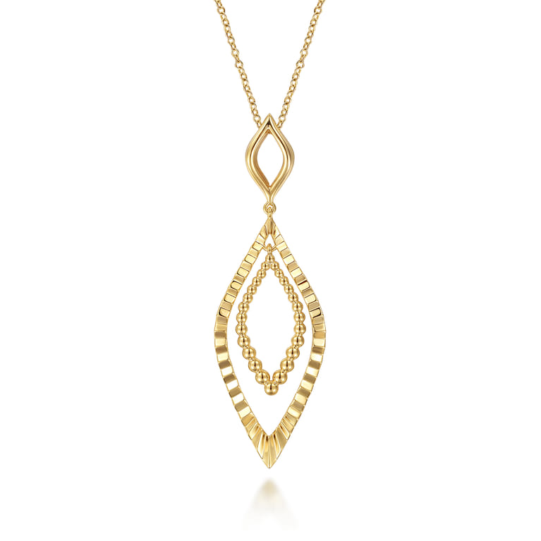 14K Yellow Plain Gold Bujukan and Diamond Cut Texture Marquise Drop Necklace - Shot 1
